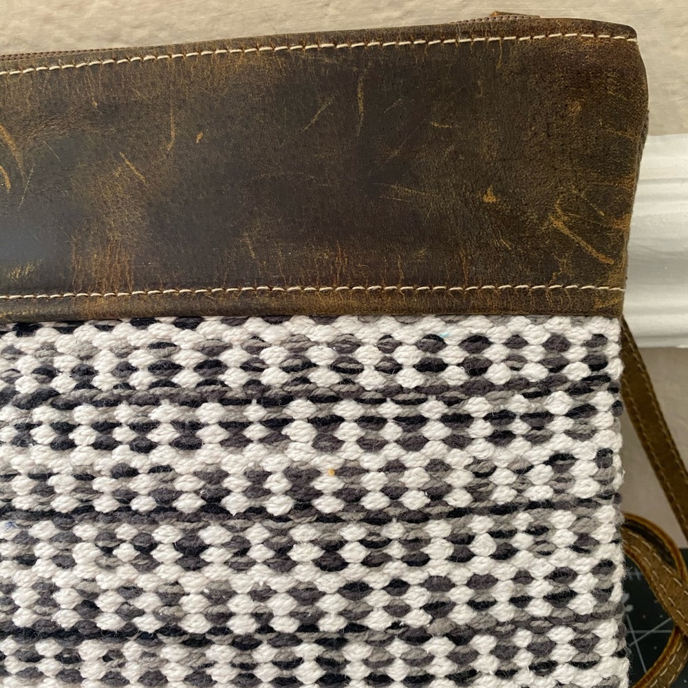 Myra Crossbody Bag Upcycled Tweed Gray Brown Cream Fall Western Leather Wristlet - Picture 6 of 15